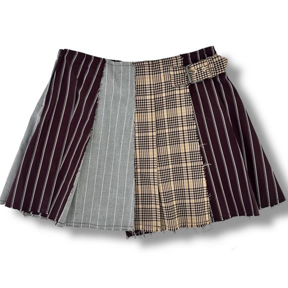 Gianni Bini GB Girls Mixed Media Faux Wrap Plaid Pleated Mini Skirt Sz 10 Brown - Picture 1 of 6